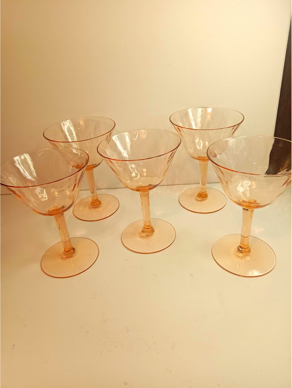 Vintage Pink Depression Glass Champagne Coupe Glasses Optic Panel Stemware Set 5